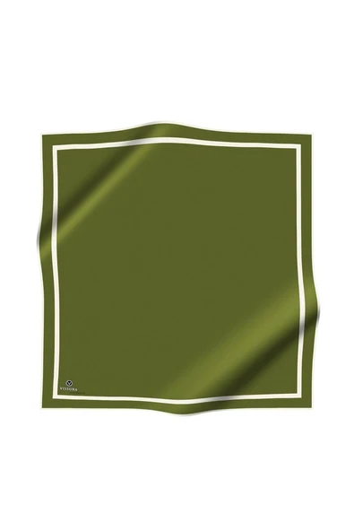 100% Twill İpek Düz Renk Bordür Desenli Küf Yeşili - Krem Renkli Daha Tok Exclusive Serisi 90x90 Dikim Şekli : El Dikişi Eşarp - Resim 2