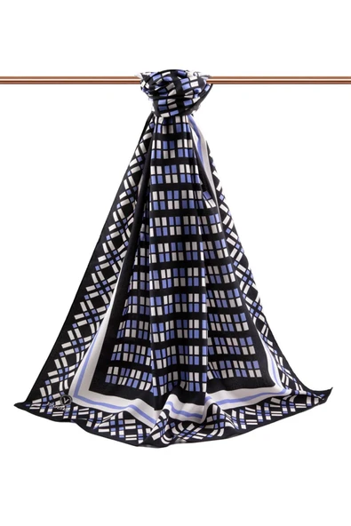 LÜKS MEDİNE İPEĞİ KARE DESENLİ BEBE MAVİSİ RENKLİ 75X195 KIRIŞMAZ ŞAL MOSS KREP DİKİŞ TİPİ İTALYAN DİKİŞLİ - Resim 2