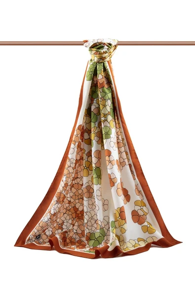 LÜKS MEDİNE İPEĞİ YONCA DESENLİ TABA RENKLİ 75X195 KIRIŞMAZ ŞAL MOSS KREP DİKİŞ TİPİ İTALYAN DİKİŞLİ - Resim 2