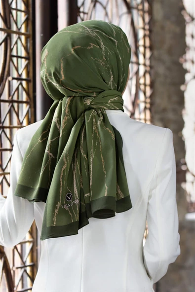 LÜKS MEDİNE İPEĞİ MERMER DESENLİ HAKİ YEŞİLİ RENKLİ 75X195 KIRIŞMAZ ŞAL MOSS KREP DİKİŞ TİPİ İTALYAN DİKİŞLİ ürün görseli 1