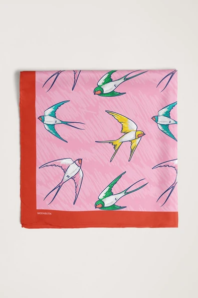 B45 Kadın Kuş Desenli Bandana 50x50 Pembe DG0410-22 - Resim 6