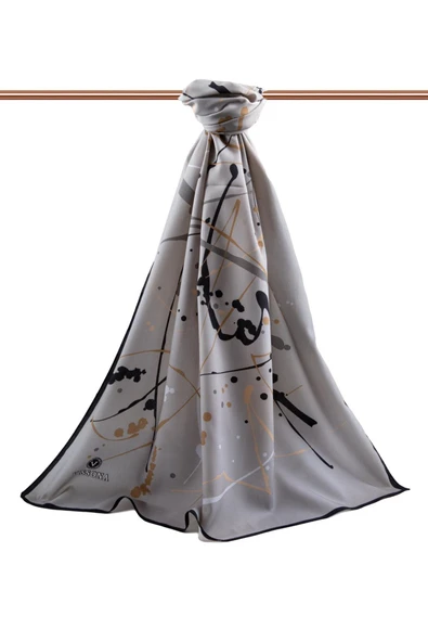 LÜKS MEDİNE İPEĞİ BOYA DAMLASI DESENLİ GRİ RENKLİ 75X195 KIRIŞMAZ ŞAL MOSS KREP DİKİŞ TİPİ İTALYAN DİKİŞLİ - Resim 2