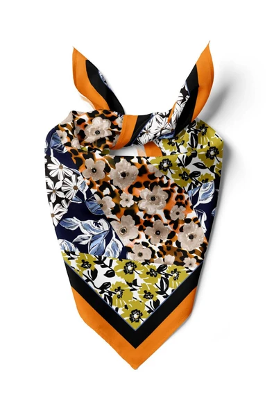 H47 Kadın Sarı Mavi Çiçek Desenli 50x50 Bandana HYL DG01631-22 ürün görseli