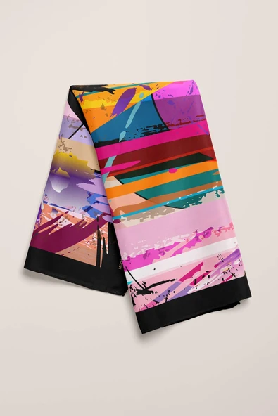 Z18 Kadın Yağlı Boya Desenli Bandana 50x50 Mavi DG0269-22 Snz - Resim 4