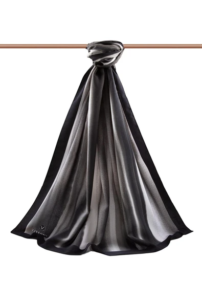 LÜKS MEDİNE İPEĞİ SULU BOYA ÇİZGİLİ DESENLİ SİYAH RENKLİ 75X195 KIRIŞMAZ ŞAL MOSS KREP DİKİŞ TİPİ İTALYAN DİKİŞLİ - Resim 2