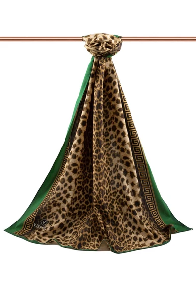 LÜKS MEDİNE BAROK BARDÜRLÜ LEOPAR DESENLİ HARDAL - ZÜMRÜT YEŞİLİ RENKLİ 75X195 KIRIŞMAZ ŞAL MOSS KREP DİKİŞ TİPİ İTALYAN DİKİŞLİ - Resim 2