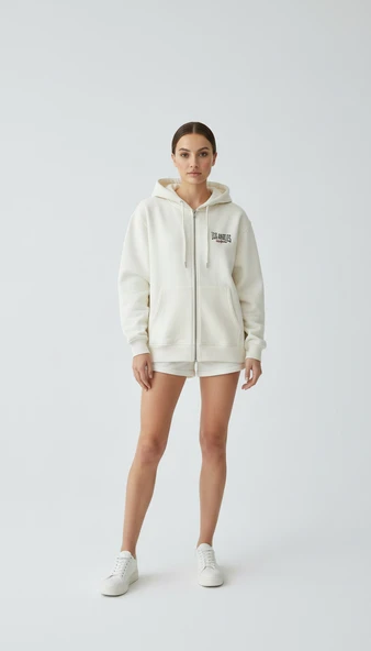 Kadın Kapşonlu Fermuarlı Üç İp Şardonlu Julia Sweatshirt Ekru ürün görseli 1