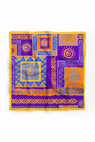 B83 Kadın Etnik Desenli Bandana 50x50 Mor DG0260-22 Snz - Resim 2