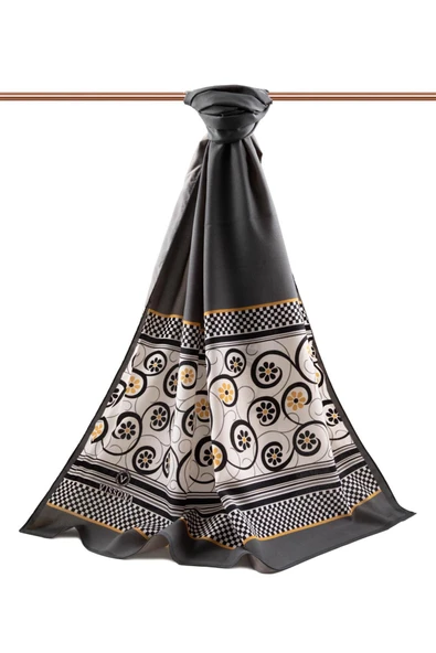 LÜKS MEDİNE İPEĞİ KENAR MOTİFİ ÇİÇEK DESENLİ GRİ RENKLİ 75X195 KIRIŞMAZ ŞAL MOSS KREP DİKİŞ TİPİ İTALYAN DİKİŞLİ - Resim 2