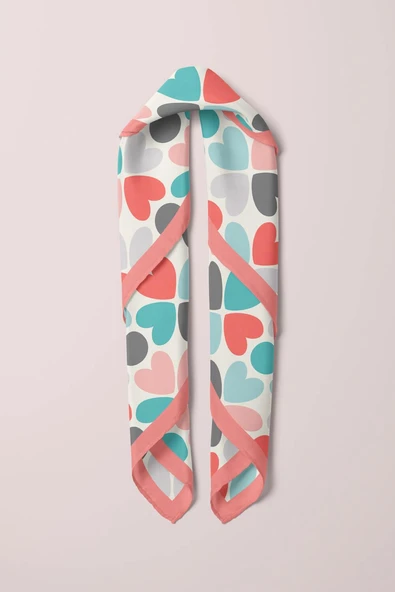 Kadın Pembe  Mavi Kalp Desenli 50x50 Bandana HYL DG0546-22 - Resim 6