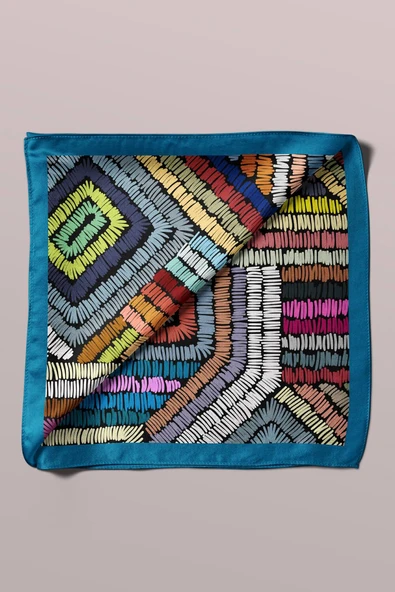 D69 Kadın Geometrik Desenli Bandana 50x50 Mavi Yeşil DG0412-22 - Resim 6