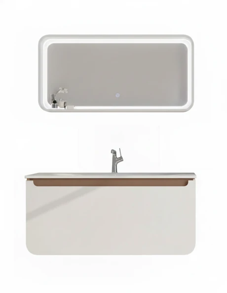 Pion 120 Cm Lavabo Dolabı Beyaz Cappucino ve Led Ayna ürün görseli 1