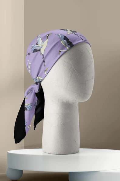 B9  Kadın Lila Stork Desenli 50x50 Bandana HYL DG0877-22 - Resim 3