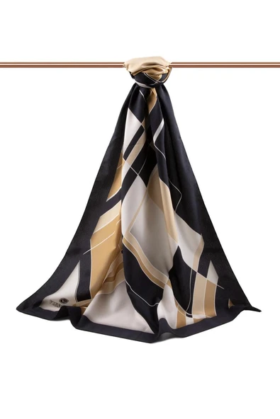 LÜKS MEDİNE İPEĞİ GEOMETRİK DESENLİ SİYAH RENKLİ 75X195 KIRIŞMAZ ŞAL MOSS KREP DİKİŞ TİPİ İTALYAN DİKİŞLİ - Resim 2