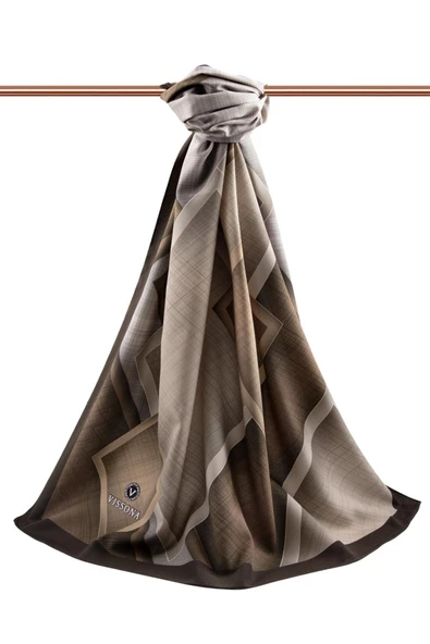 LÜKS MEDİNE İPEĞİ DOKULU KARO DESENLİ BEJ - KAHVERENGİ RENKLİ 75X195 KIRIŞMAZ ŞAL MOSS KREP DİKİŞ TİPİ İTALYAN DİKİŞLİ - Resim 2