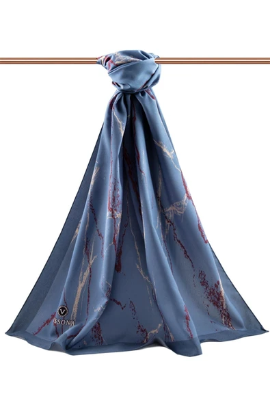 LÜKS MEDİNE İPEĞİ MERMER DESENLİ İNDİGO RENKLİ 75X195 KIRIŞMAZ ŞAL MOSS KREP DİKİŞ TİPİ İTALYAN DİKİŞLİ - Resim 2