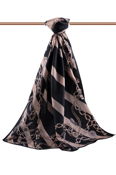 LÜKS MEDİNE İPEĞİ ÇİZGİLİ VE ZİNCİR DESENLİ SİYAH - BEJ RENKLİ 75X195 KIRIŞMAZ ŞAL MOSS KREP DİKİŞ TİPİ İTALYAN DİKİŞLİ - Resim 2