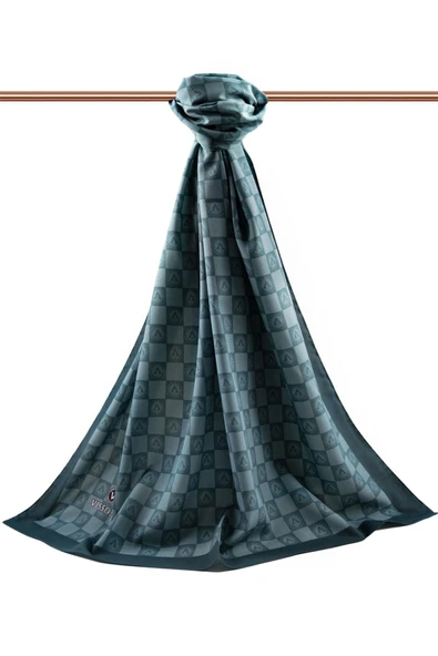 LÜKS MEDİNE İPEĞİ MONOGRAM DESENLİ ZÜMRÜT YEŞİLİ RENKLİ 75X195 KIRIŞMAZ ŞAL MOSS KREP DİKİŞ TİPİ İTALYAN DİKİŞLİ - Resim 2