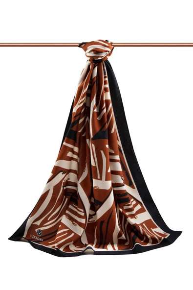 LÜKS MEDİNE İPEĞİ ÇİZGİ DESENLİ TABA RENKLİ 75X195 KIRIŞMAZ ŞAL MOSS KREP DİKİŞ TİPİ  İTALYAN DİKİŞLİ - Resim 2