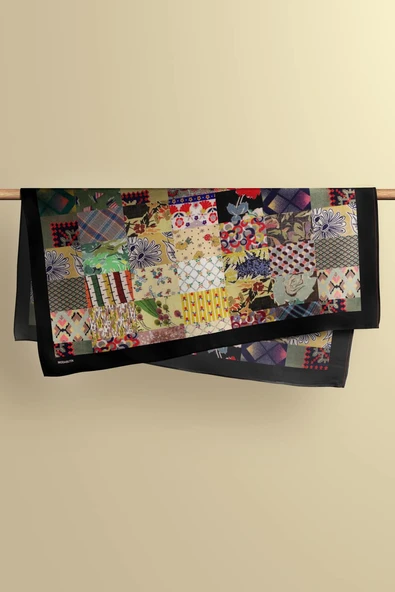 D99 Kadın Patchwork Desenli Bandana 50x50 Yeşil Sarı DG0259-22 - Resim 5