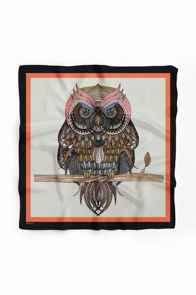 D73 Kadın Krem Ethnic Owl Desenli 50x50 Bandana HYL DG0660-22 - Resim 2
