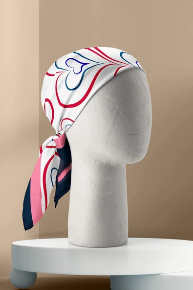 H18 Kadın Kırmızı Kalp Desenli 50x50 Bandana HYL DG0824-22 - Resim 6