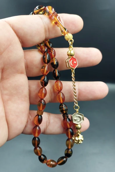 Sarı Siyah Arpa Kesim Ateş Kehribar Tespih (AHŞAP KUTULU) - Resim 4