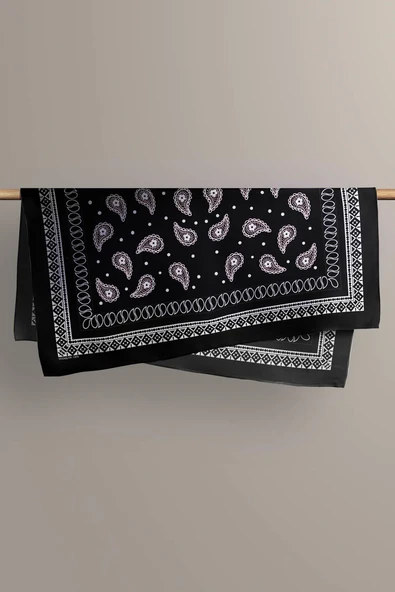 F46 Kadın Siyah Beyaz Şal Desenli 50x50 Bandana HYL DG01359-22 - Resim 5
