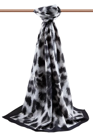 LÜKS MEDİNE İPEĞİ LEOPAR DESENLİ SİYAH - KREM RENKLİ 75X195 KIRIŞMAZ ŞAL MOSS KREP DİKİŞ TİPİ İTALYAN DİKİŞLİ - Resim 2