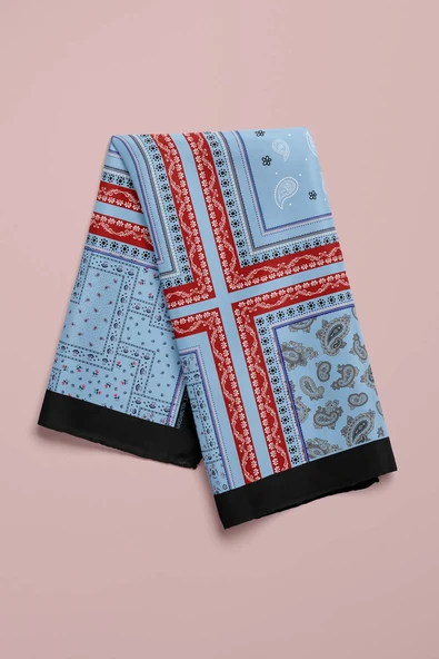 D66 Kadın Mavi Kare Desenli 50x50 Bandana HYL DG01218-22 - Resim 4