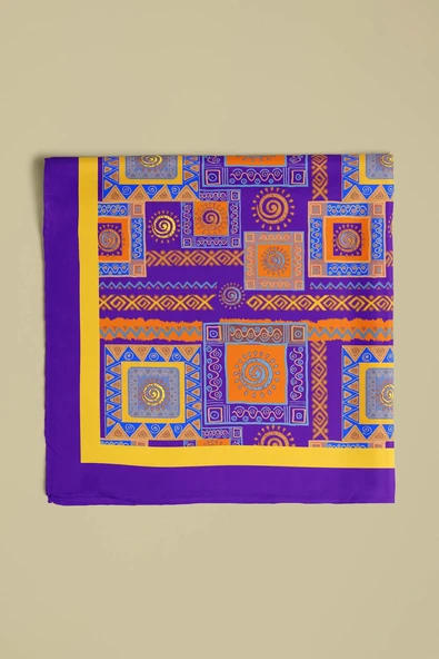 H16 Kadın Mor Sarı Ethnic Patch Desenli 50x50 Bandana - Resim 5