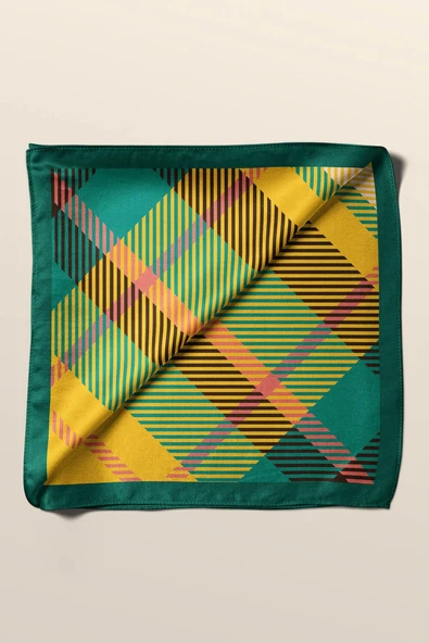 D80 Kadın Ekose Desenli Bandana 50x50 Yeşil Sarı DG0200-22 - Resim 3
