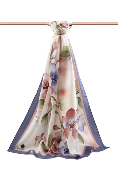 LÜKS MEDİNE İPEĞİ ÇİÇEK DESENLİ İNDİGO RENKLİ 75X195 KIRIŞMAZ ŞAL MOSS KREP DİKİŞ TİPİ İTALYAN DİKİŞLİ - Resim 2