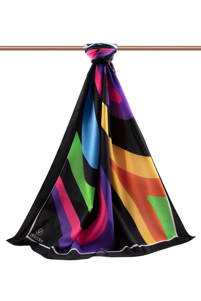 LÜKS MEDİNE İPEĞİ GEOMETRİK DESENLİ SİYAH RENKLİ 75X195 KIRIŞMAZ ŞAL MOSS KREP DİKİŞ TİPİ İTALYAN DİKİŞLİ - Resim 2