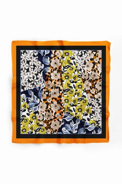 H47 Kadın Sarı Mavi Çiçek Desenli 50x50 Bandana HYL DG01631-22 - Resim 2