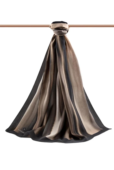 LÜKS MEDİNE İPEĞİ SULU BOYA ÇİZGİLİ DESENLİ GRİ - BEJ RENKLİ 75X195 KIRIŞMAZ ŞAL MOSS KREP DİKİŞ TİPİ İTALYAN DİKİŞLİ - Resim 2