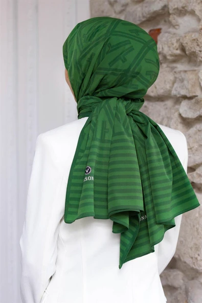 LÜKS MEDİNE MONOGRAM DESENLİ ZÜMRÜT YEŞİLİ RENKLİ 75X195 KIRIŞMAZ ŞAL MOSS KREP DİKİŞ TİPİ İTALYAN DİKİŞLİ ürün görseli 1