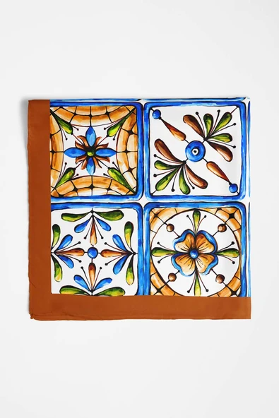 E29 Kadın Kareli Desenli Bandana 50x50 Mavi Sarı DG0338-22 - Resim 5