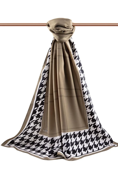 LÜKS MEDİNE İPEĞİ KAZAYAĞI DESENLİ KAHVERENGİ - SİYAH RENKLİ 75X195 KIRIŞMAZ ŞAL MOSS KREP DİKİŞ TİPİ İTALYAN DİKİŞLİ - Resim 2