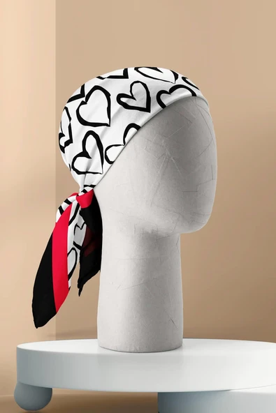 B57 Kadın Kırmızı Beyaz Sİyah Heart Desenli 50x50 Bandana - Resim 4