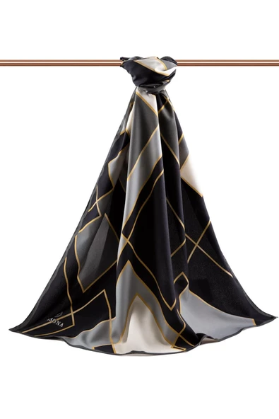 LÜKS MEDİNE İPEĞİ GOLD DETAYLI KARO DESENLİ FÜME RENKLİ 75X195 KIRIŞMAZ ŞAL MOSS KREP DİKİŞ TİPİ İTALYAN DİKİŞLİ - Resim 2