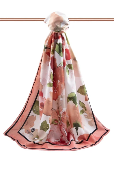 LÜKS MEDİNE İPEĞİ ÇİÇEK DESENLİ BEJ - NAR ÇİÇEĞİ RENKLİ 75X195 KIRIŞMAZ ŞAL MOSS KREP DİKİŞ TİPİ İTALYAN DİKİŞLİ ürün görseli