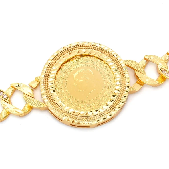 Altın Kaplama İmitasyon Zirkon Taşlı Desenli Yarım Altınlı Zincir Bileklik BLK-1205 - Resim 2