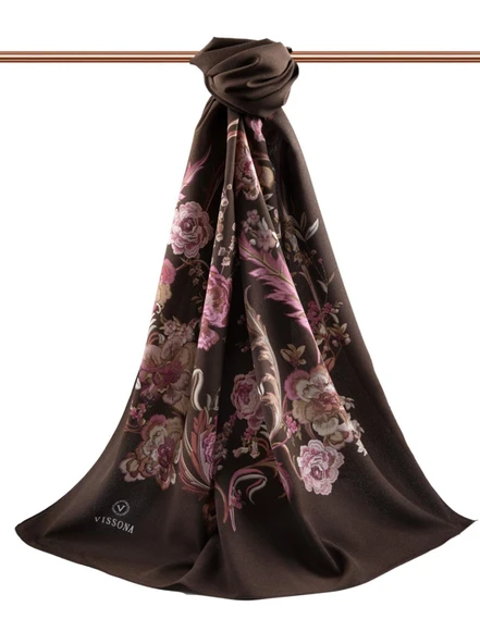 LÜKS MEDİNE İPEĞİ NAKIŞ ÇİÇEK DESENLİ KAHVERENGİ RENKLİ 75X195 KIRIŞMAZ ŞAL MOSS KREP DİKİŞ TİPİ İTALYAN DİKİŞLİ - Resim 2