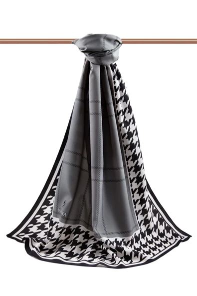 LÜKS MEDİNE İPEĞİ KAZAYAĞI DESENLİ GRİ - SİYAH RENKLİ 75X195 KIRIŞMAZ ŞAL MOSS KREP DİKİŞ TİPİ İTALYAN DİKİŞLİ - Resim 2