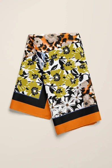 H47 Kadın Sarı Mavi Çiçek Desenli 50x50 Bandana HYL DG01631-22 - Resim 3