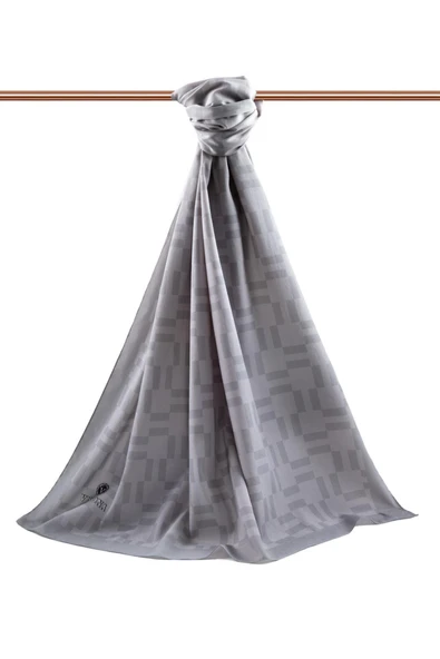 LÜKS MEDİNE İPEĞİ MONOGRAM DESENLİ GRİ RENKLİ 75X195 KIRIŞMAZ ŞAL MOSS KREP DİKİŞ TİPİ İTALYAN DİKİŞLİ - Resim 2