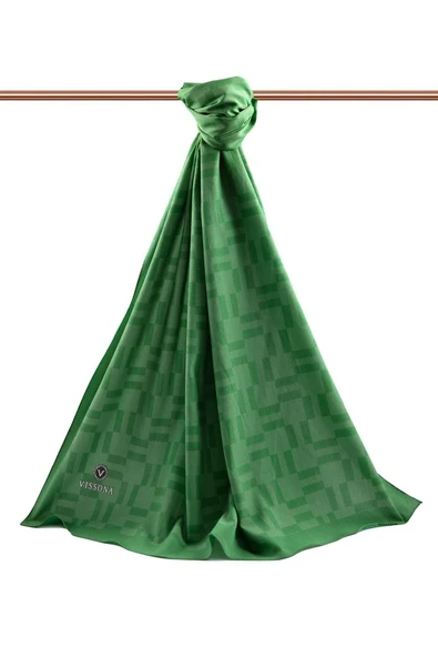 LÜKS MEDİNE İPEĞİ MONOGRAM DESENLİ ZÜMRÜT YEŞİLİ RENKLİ 75X195 KIRIŞMAZ ŞAL MOSS KREP DİKİŞ TİPİ İTALYAN DİKİŞLİ - Resim 2