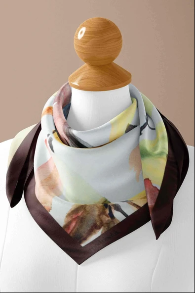 B108 Kadın Yaprak Desenli Bandana 50x50 Yeşil Kahverengi DG0443-22 Snz - Resim 4