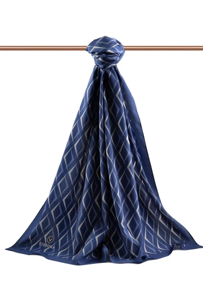 LÜKS MEDİNE İPEĞİ GEOMETRİK DESENLİ LACİVERT RENKLİ 75X195 KIRIŞMAZ ŞAL MOSS KREP DİKİŞ TİPİ İTALYAN DİKİŞLİ - Resim 2